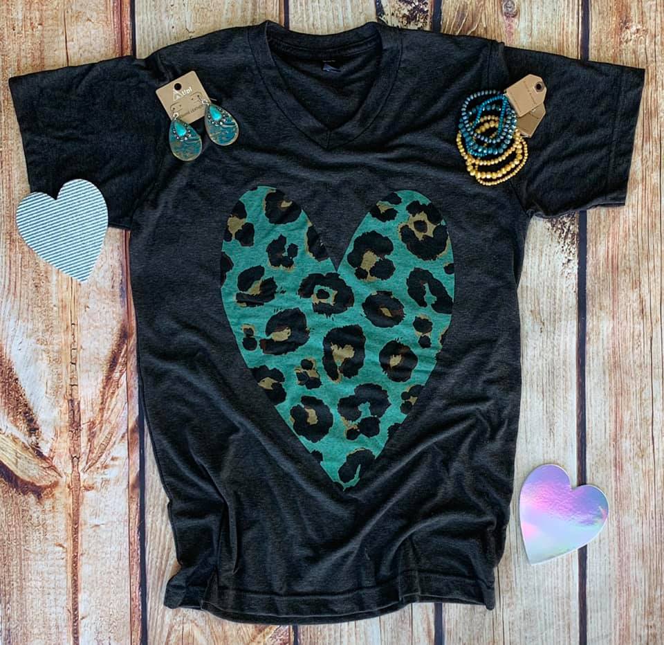 Charcoal Teal Leopard Heart Tee