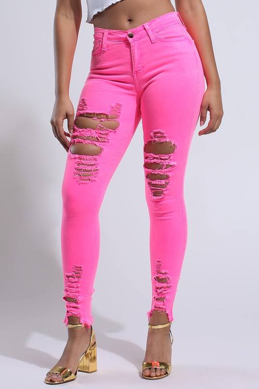 Neon Pink Distressed Jeans