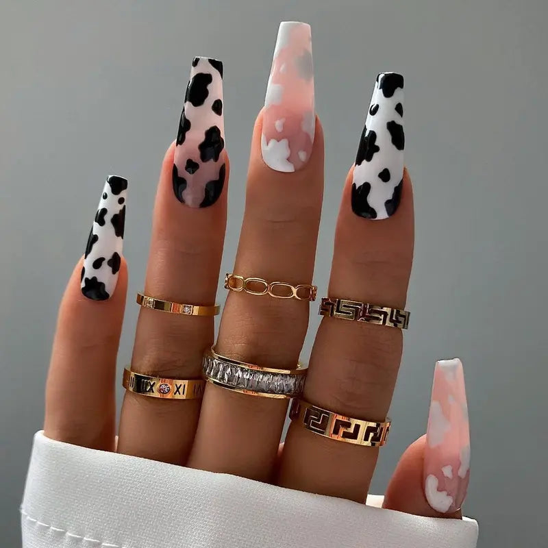 24 Pcs Long Coffin Fake Nails - Cow Print Black & White