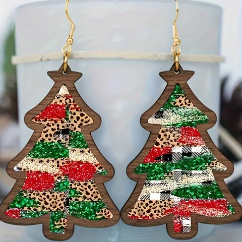 Wooden Patchwork Christmas Tree Earrings