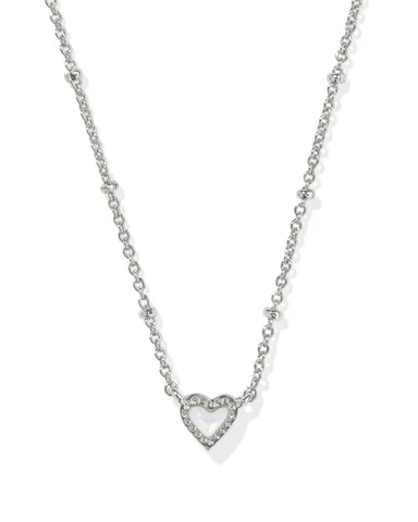 Mini Ari Heart Silver Satellite Short Pendant Necklace in Ivory Mop