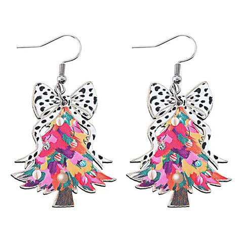 Wooden Colorful Christmas Tree Earrings