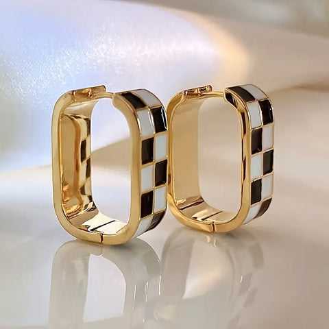 Gold Square Checker Hoop Earrings