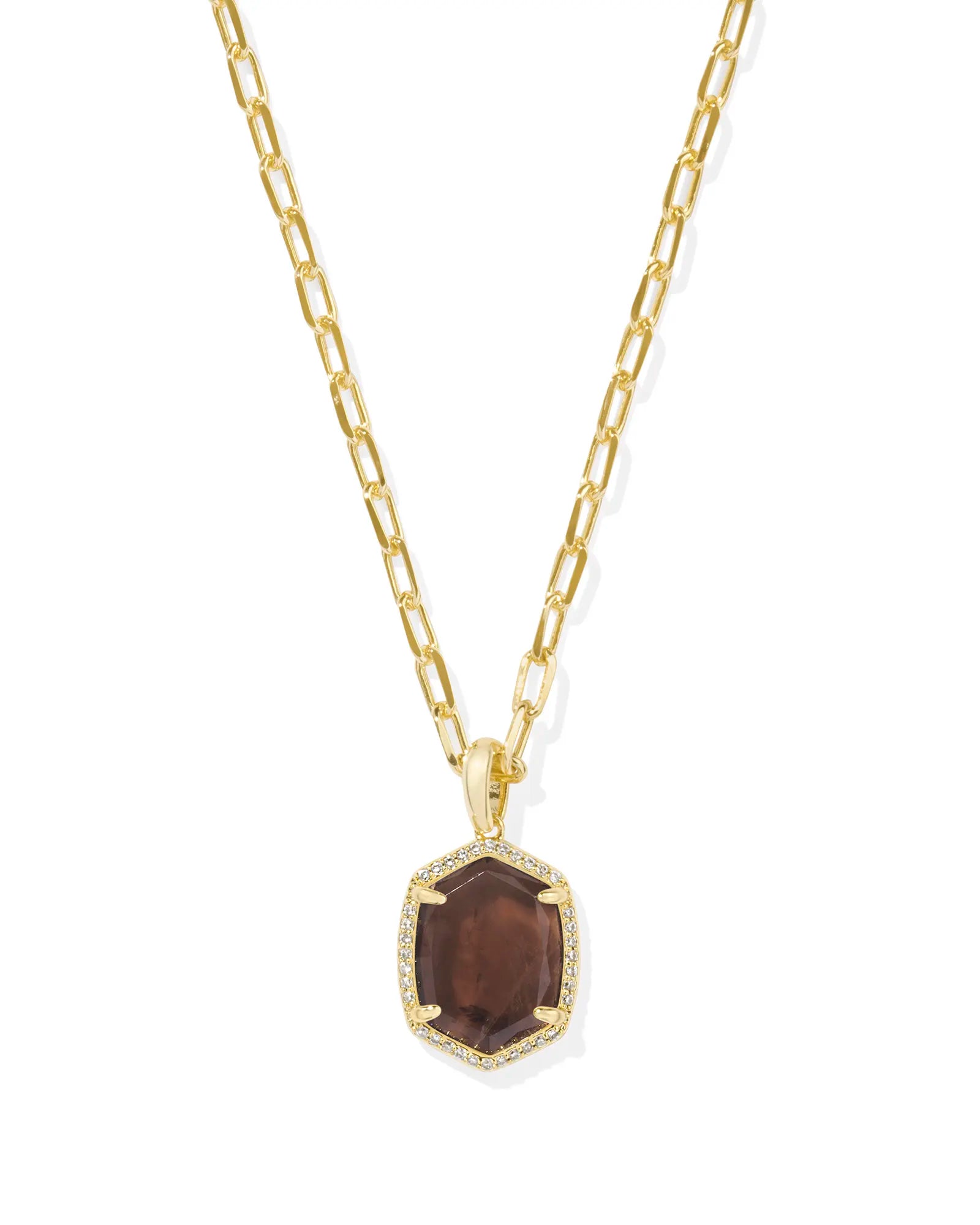 Daphne Gold Pave Frame Short Pendant Necklace in Smoky Quartz