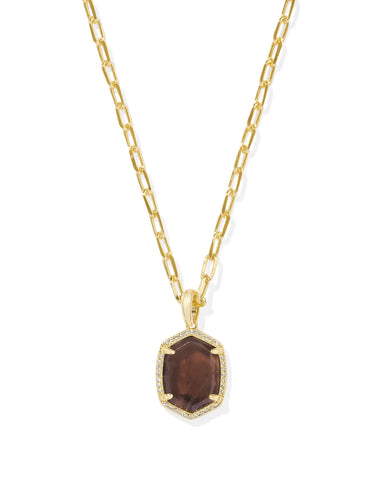 Daphne Gold Pave Frame Short Pendant Necklace in Smoky Quartz