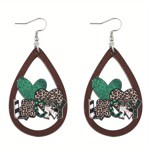 St. Patrick's Day Leopard Print Heart Clover LUCKY Earrings