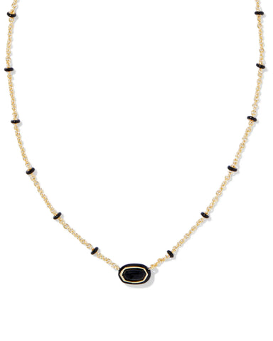 Mini Elisa Gold Enamel Frame Short Pendant Necklace in Black Agate