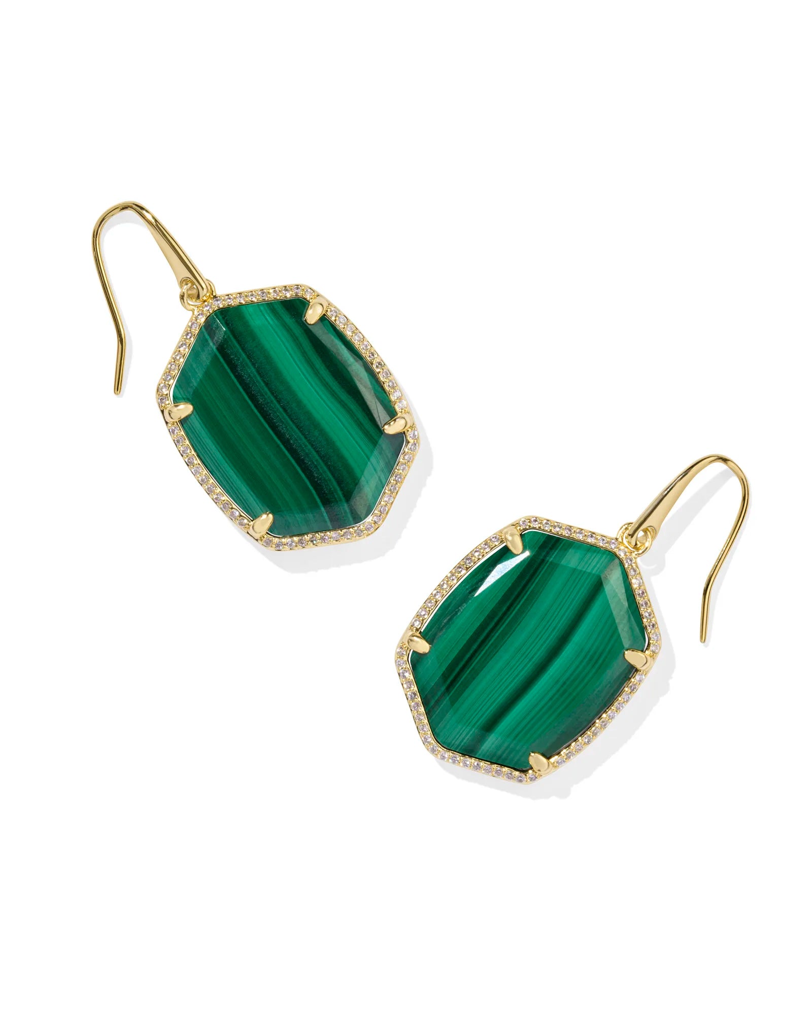 Daphne Gold Pave Frame Drop Earrings in Green Malachite