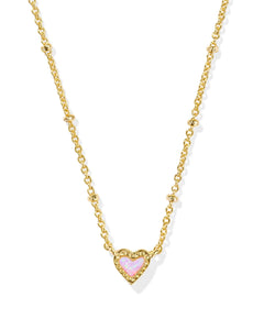 Mini Ari Heart Gold Satellite Short Pendant Necklace in Bubblegum Pink Opal