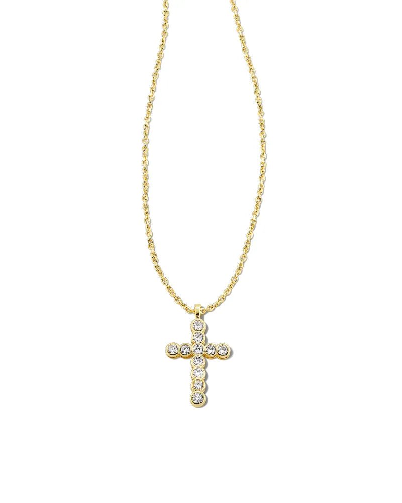 Cross Gold Pendant Necklace in White Crystal