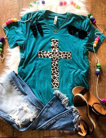 Teal Leopard Cross Tee