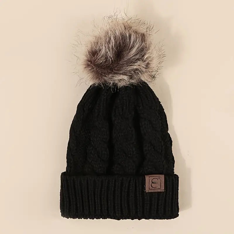 Black Cable Knit Pom Beanie