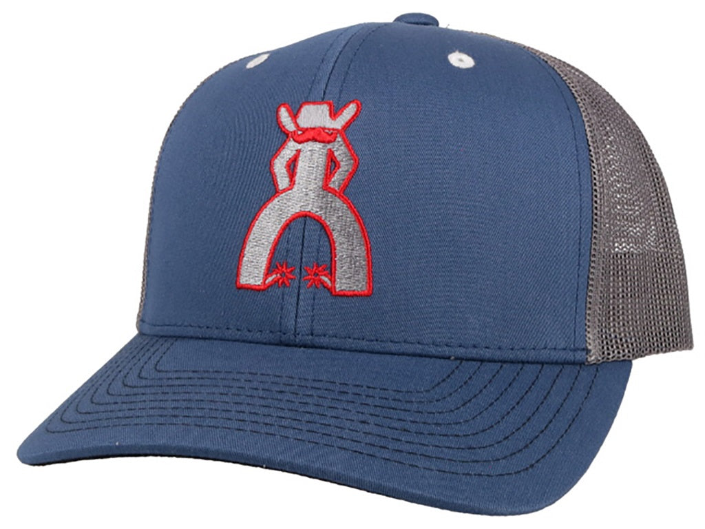 "Punchy" Blue / Grey 6-Panel Trucker with Grey / Red Logo - OSFA