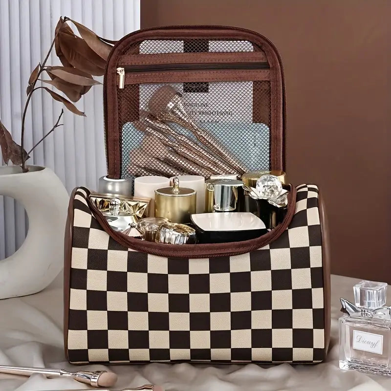 Brown Checkered Travel Makeup Bag