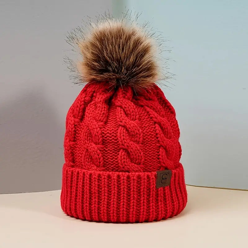 Red Cable Knit Pom Beanie