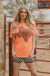 TOOLED IN TEXAS NEON CORAL TEE