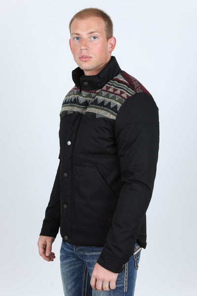 Men's Ethnic Aztec Quilted Fur Lined Twill Jacket - Black