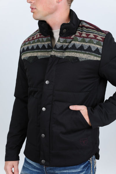 Men's Ethnic Aztec Quilted Fur Lined Twill Jacket - Black