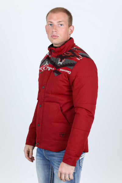 Men's Ethnic Aztec Quilted Fur Lined Twill Jacket - Red