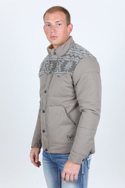 Men's Ethnic Aztec Quilted Fur Lined Twill Jacket - Mink