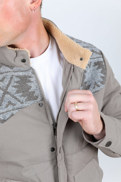 Men's Ethnic Aztec Quilted Fur Lined Twill Jacket - Mink