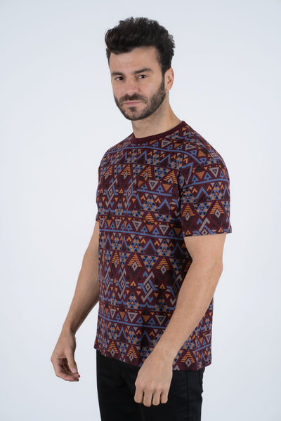 Men's Cotton Wine Aztec Print T-shirt