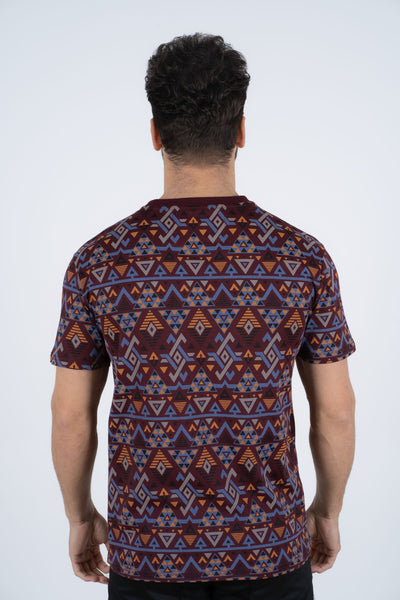 Men's Cotton Wine Aztec Print T-shirt