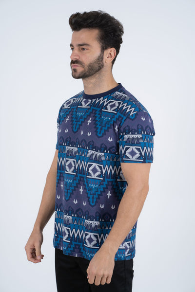 Men's Cotton Navy Aztec Print T-shirt