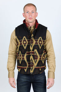 Mens Ethnic Aztec Quilted Fur Lined Vest - Black/Gold