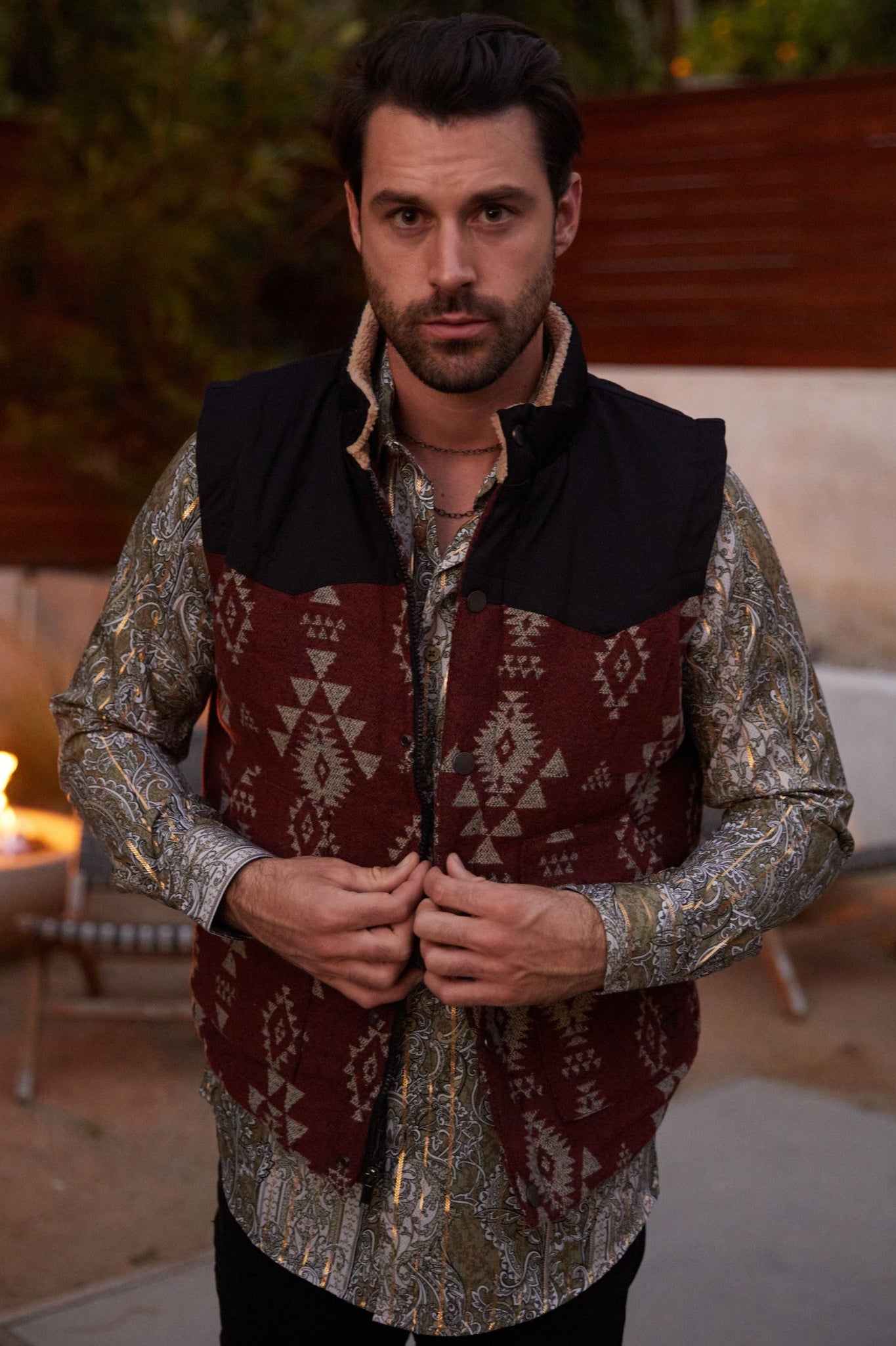 Mens Ethnic Aztec Quilted Fur Lined Vest - Rust