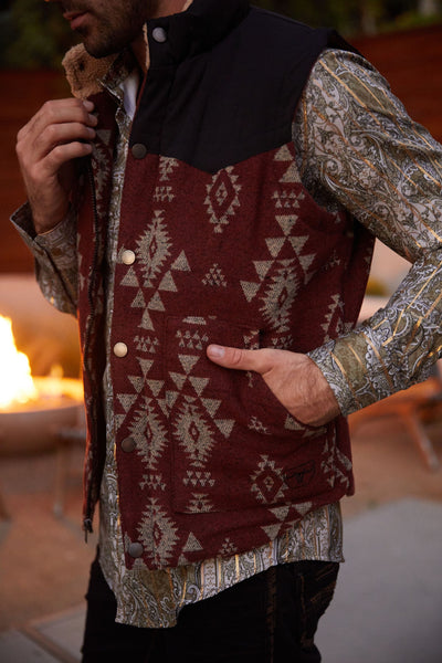 Mens Ethnic Aztec Quilted Fur Lined Vest - Rust