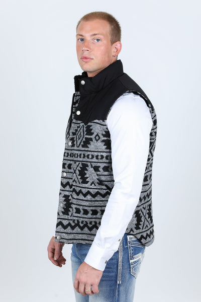 Mens Ethnic Aztec Quilted Fur Lined Vest - Black/White