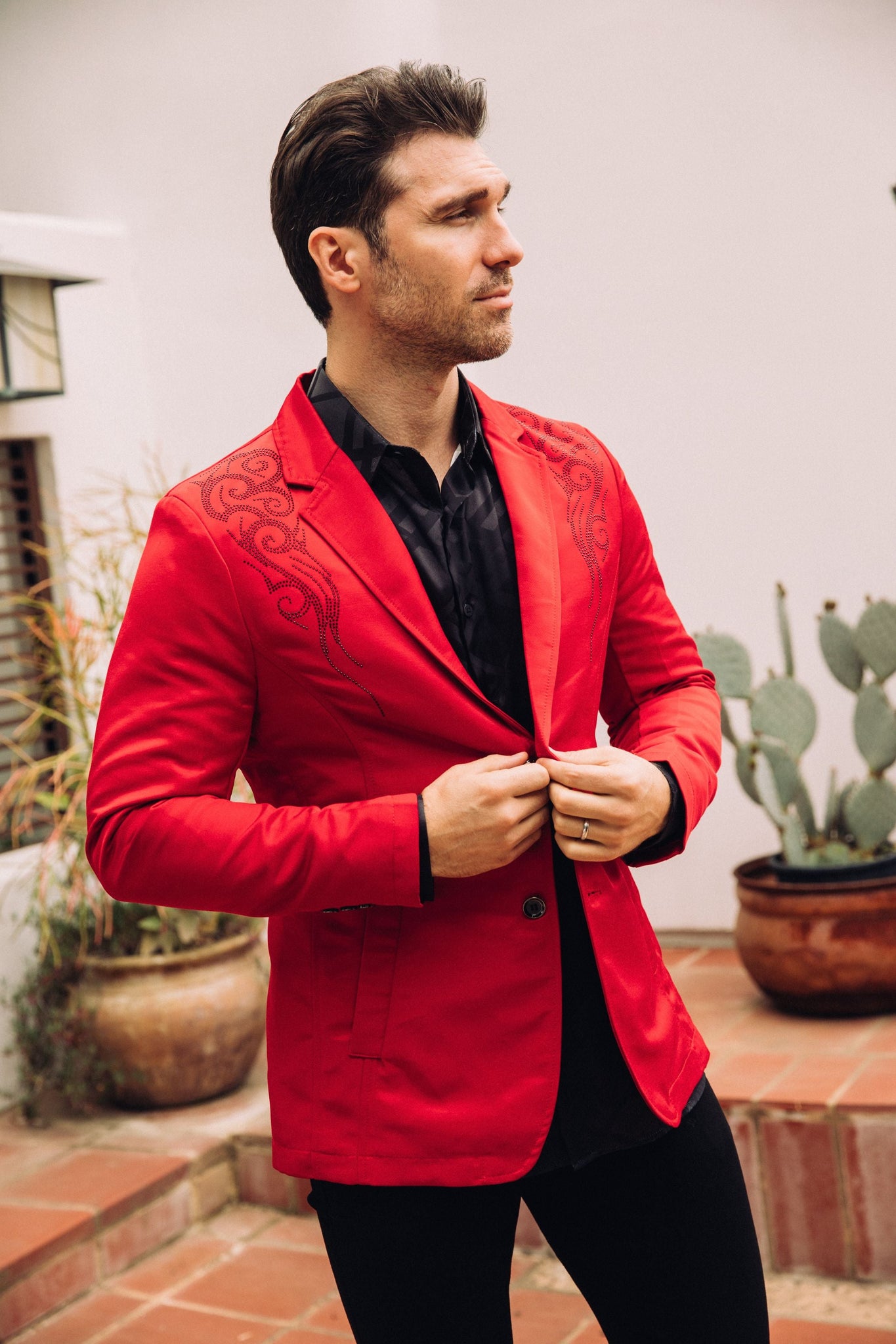 Men's Double Button Rhinestone Red Blazer