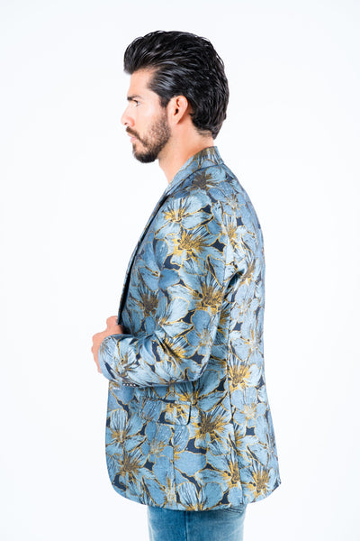 Men's Double Button Blue Flowers Print Blazer