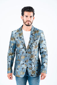 Men's Double Button Blue Flowers Print Blazer