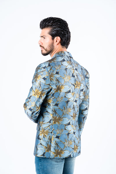 Men's Double Button Blue Flowers Print Blazer