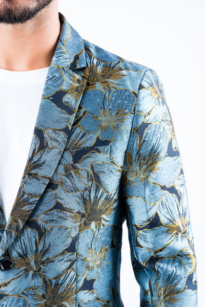 Men's Double Button Blue Flowers Print Blazer