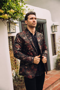 Men's Double Button Red Flowers Print Blazer