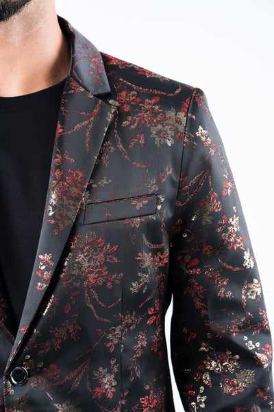 Men's Double Button Red Flowers Print Blazer