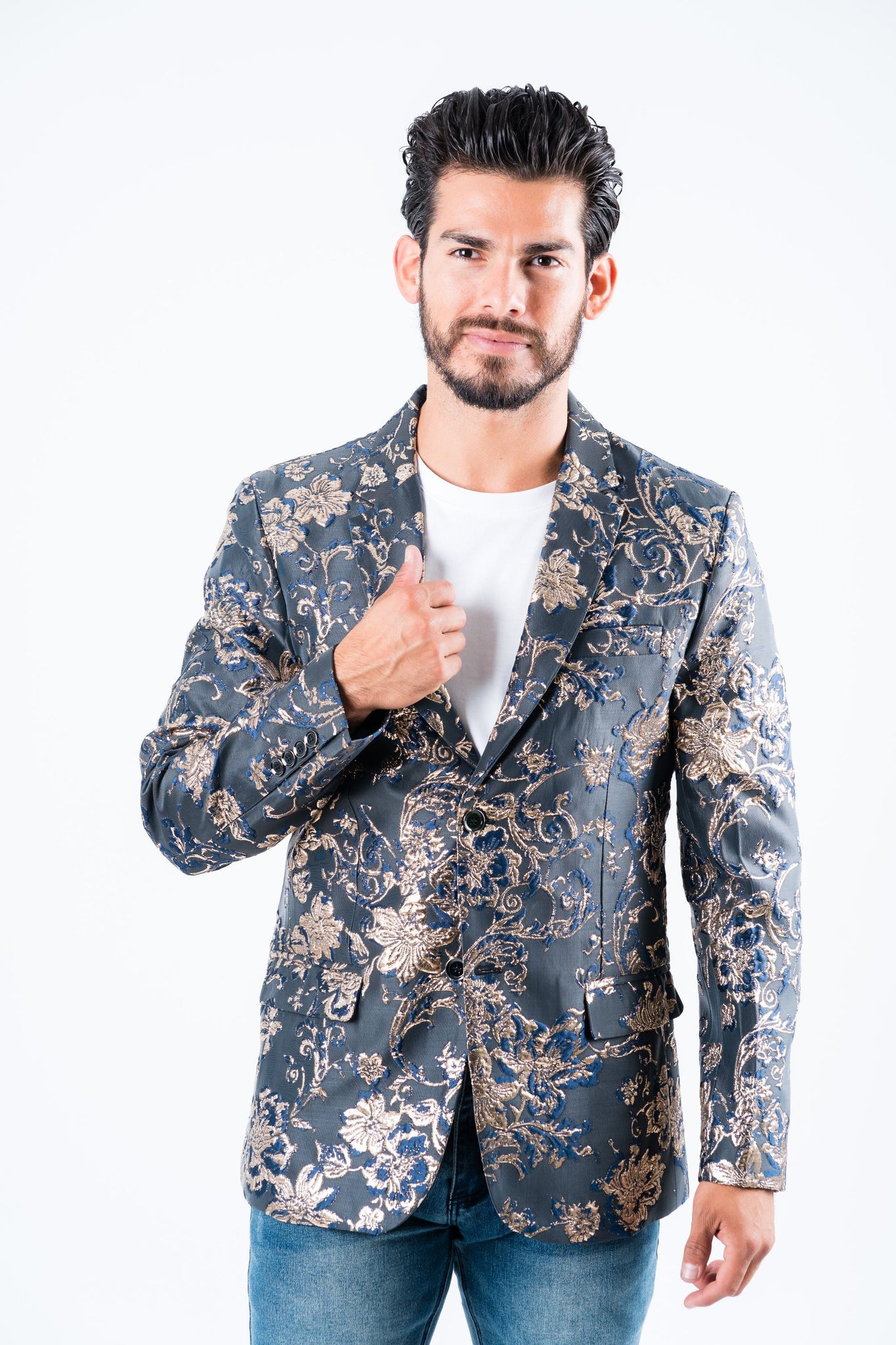 Men's Double Button Navy Flowers Print Blazer