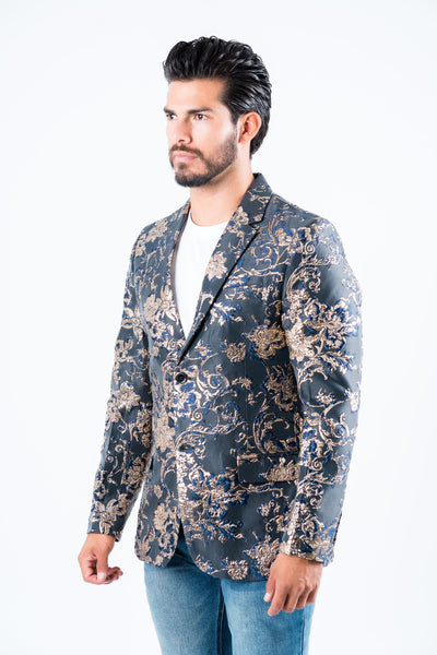 Men's Double Button Navy Flowers Print Blazer