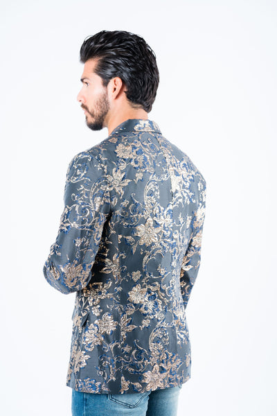 Men's Double Button Navy Flowers Print Blazer