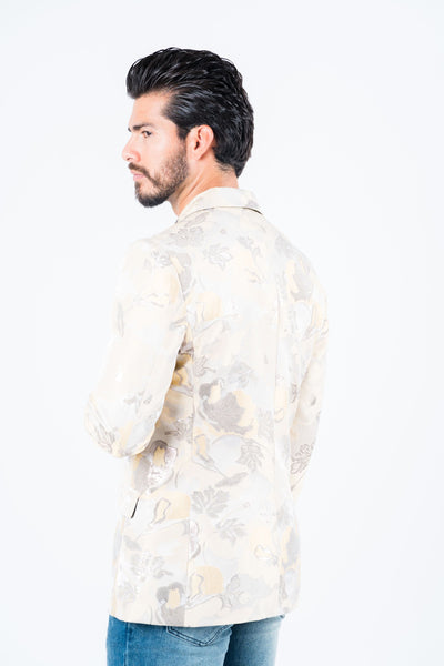 Men's Double Button Beige Flowers Print Blazer