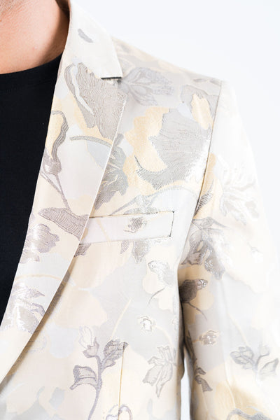 Men's Double Button Beige Flowers Print Blazer