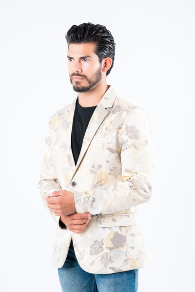 Men's Double Button Beige Flowers Print Blazer