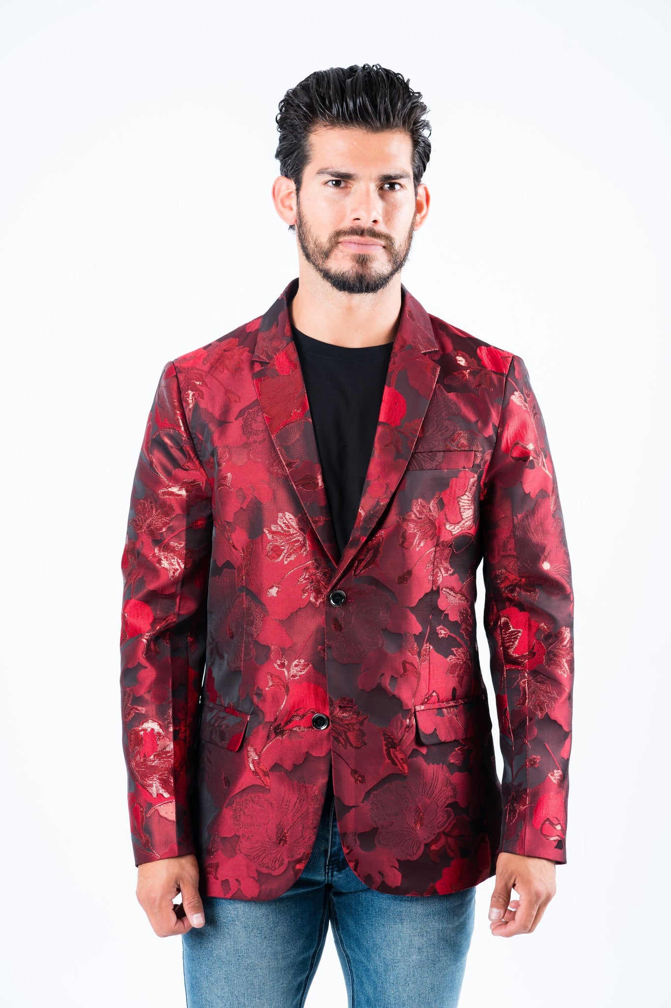 Men's Double Button Red Flowers Print Blazer