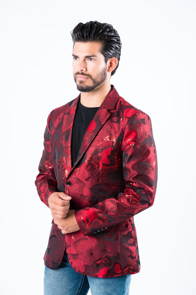 Men's Double Button Red Flowers Print Blazer