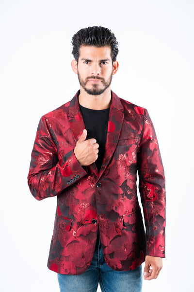 Men's Double Button Red Flowers Print Blazer