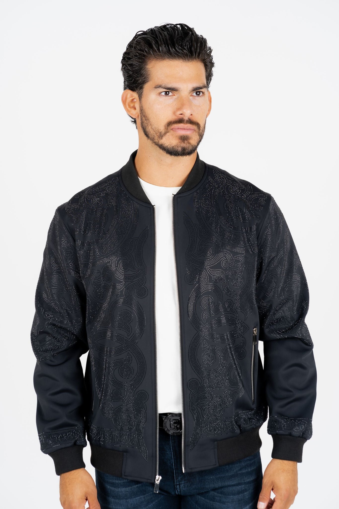 Men's Black Rhinestone Bomber Jacket