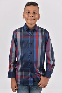 Kid's Modern Fit Navy Plaid Digital Print Shirt